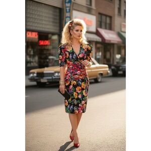A.J. Bari Black Floral Midi Dress with Red, Yellow, Pink and Green Accents